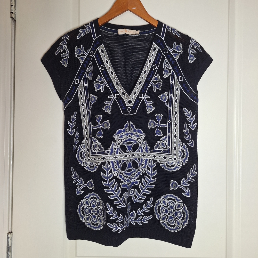 Tory Burch Navy Blue White Embroidery Top Sweater Vest Size SP